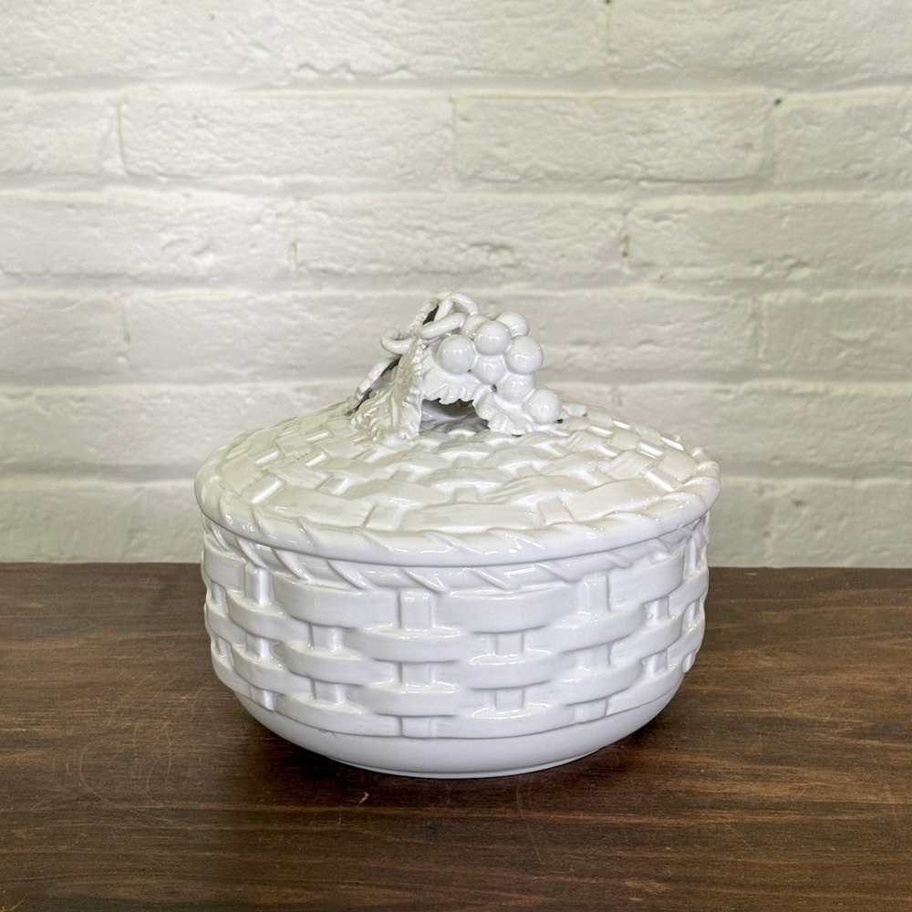 Vintage Italian White Ceramic Basketweave Lidded Dish Grape Motif Made in Italy